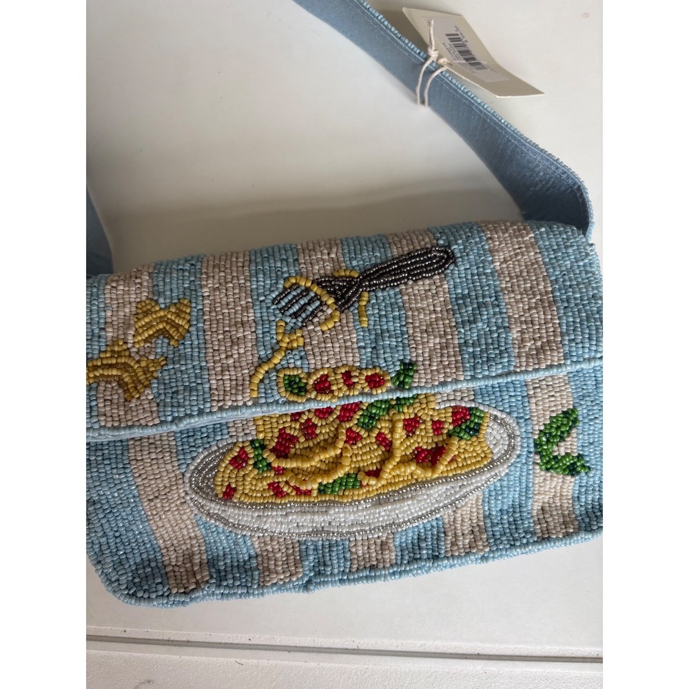 New Beaded Pasta Spaghetti Striped Shoulder Bag Novelty Food Purse Blue White - Picture 2 of 6